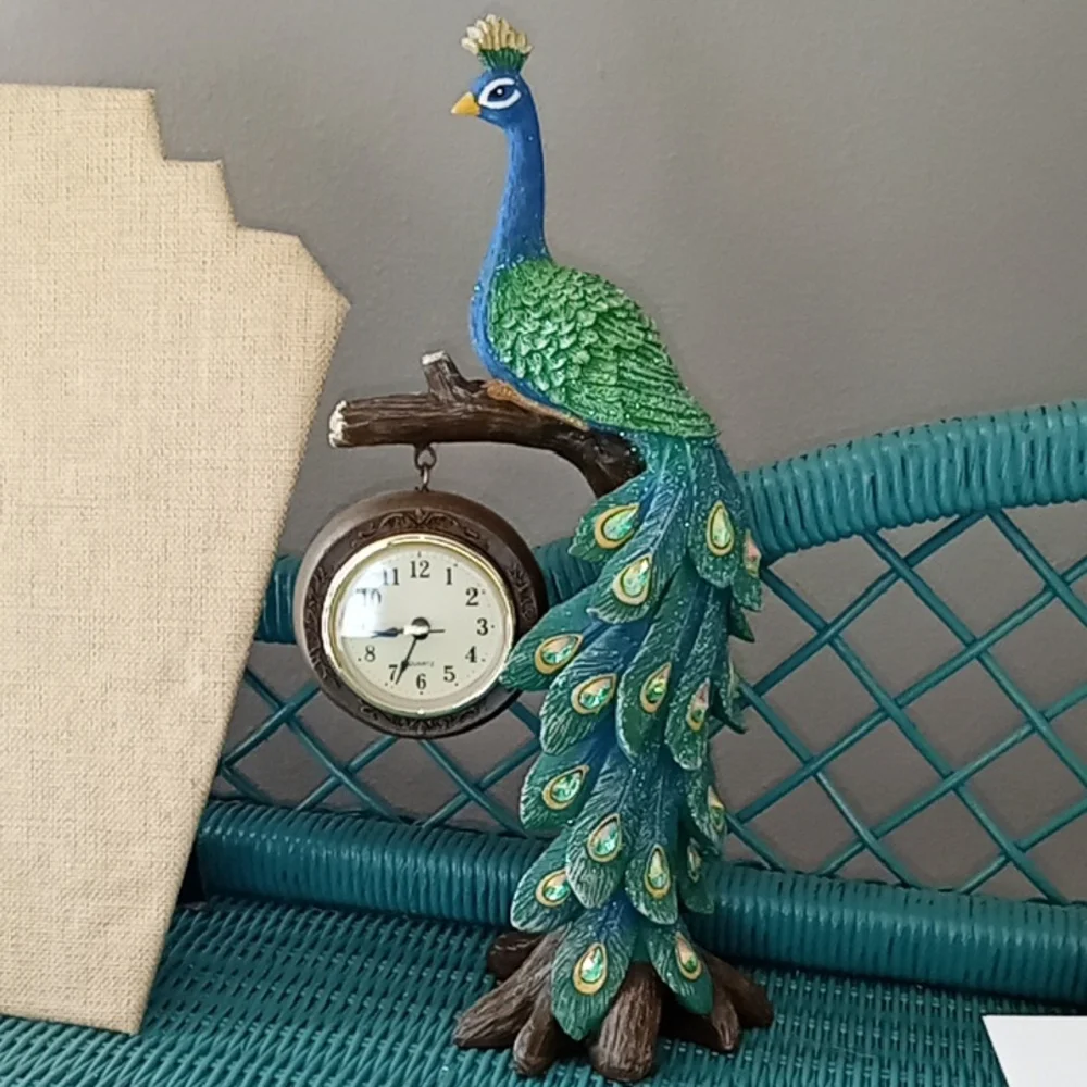 Elegant Peacock Clock Decor - Green and Blue